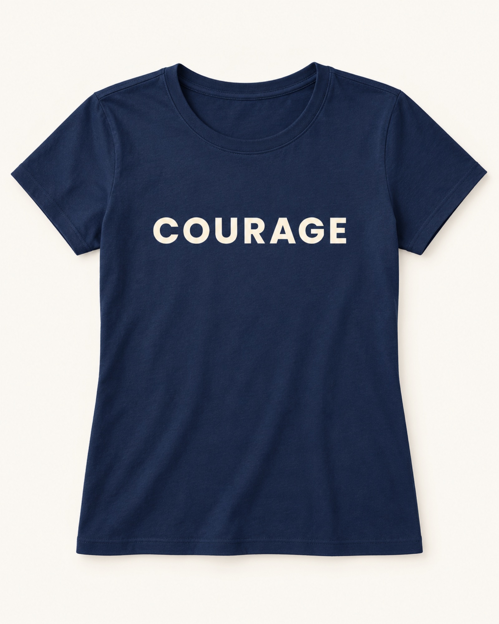 Courage printed on a navy crew tee — styling sample, not a product variant