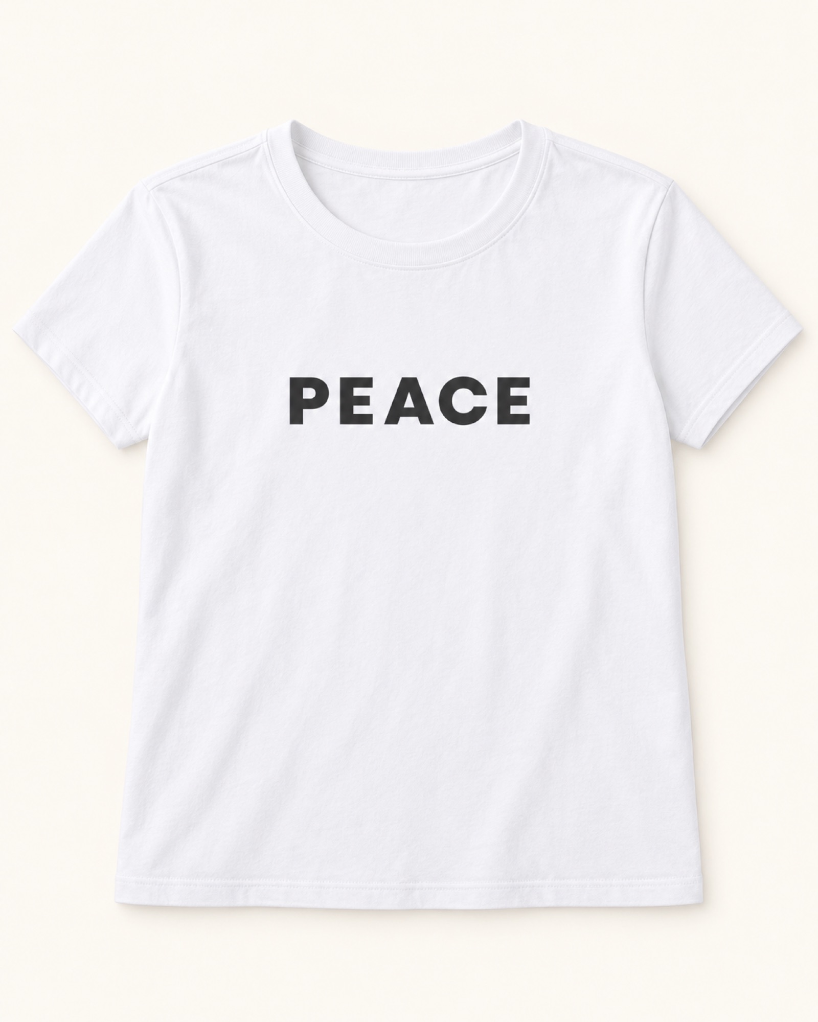 Peace printed on a white crew tee — styling sample, not a product variant