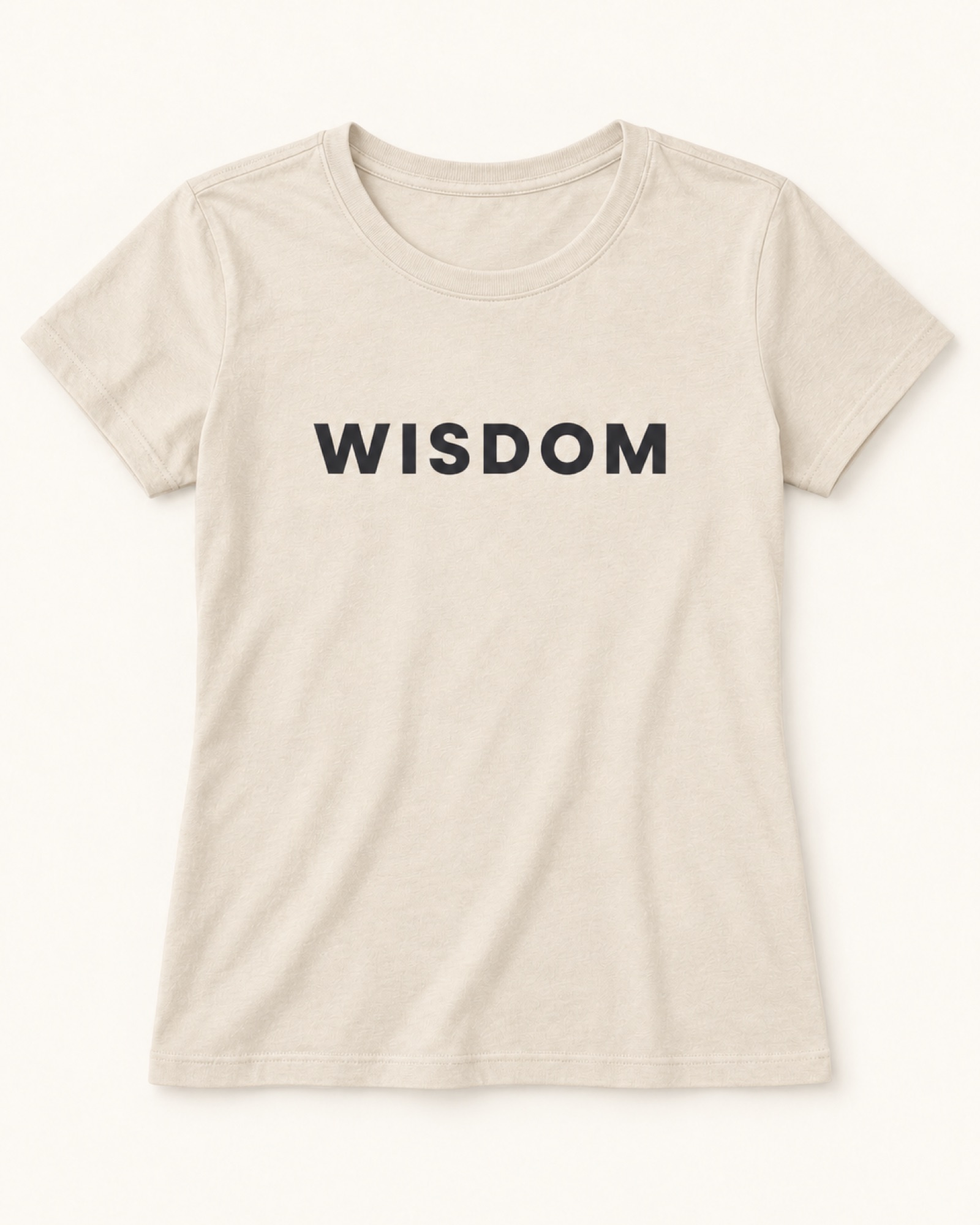 Wisdom printed on a cream crew tee — styling sample, not a product variant