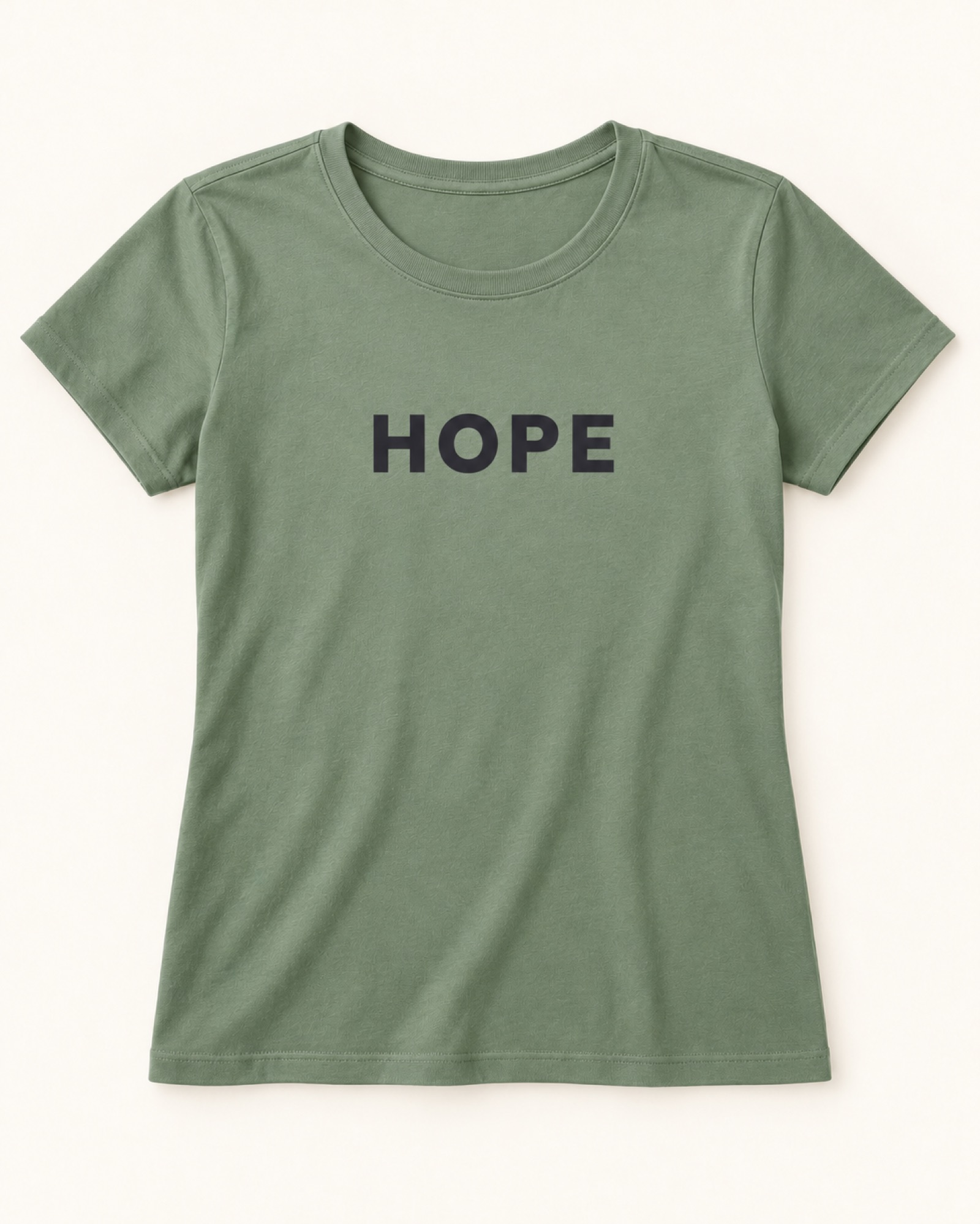 Hope printed on a sage crew tee — styling sample, not a product variant