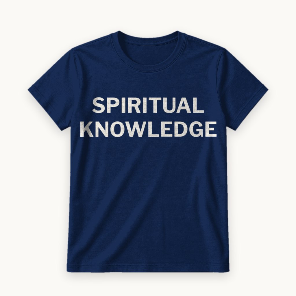 Spiritual Knowledge printed on a Navy tee — product photography