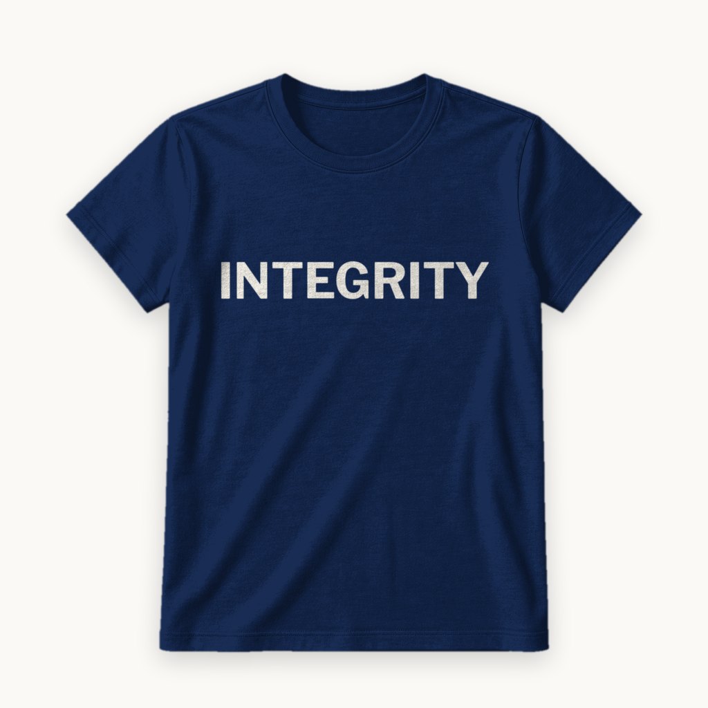 Integrity printed on a Navy tee — product photography