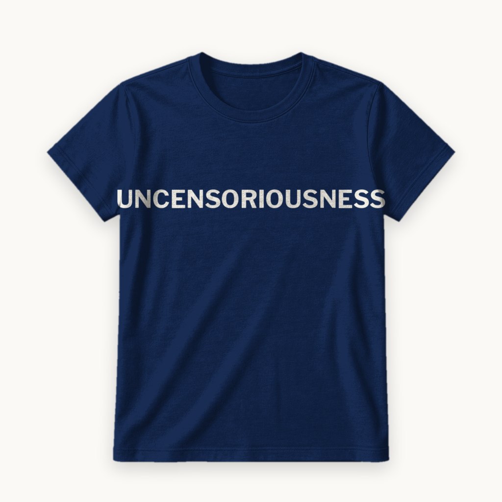 Uncensoriousness printed on a Navy tee — product photography