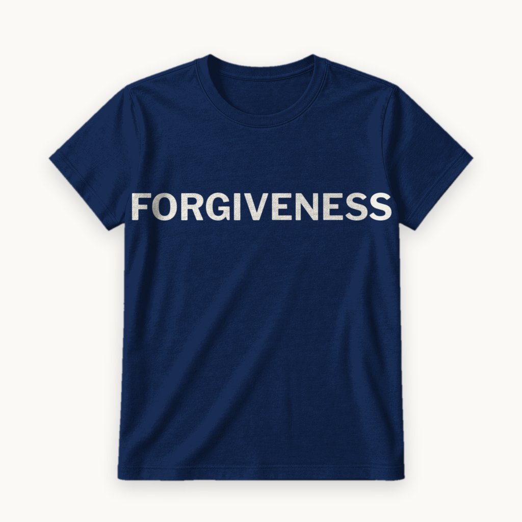 Forgiveness printed on a Navy tee — product photography