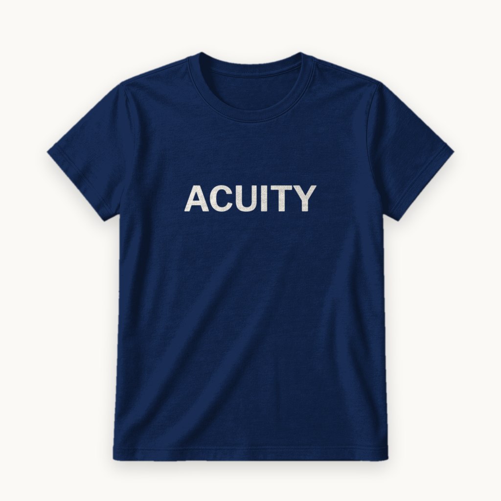 Acuity printed on a Navy tee — product photography