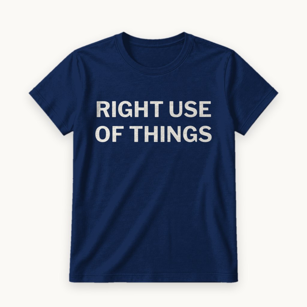 Right Use of Things printed on a Navy tee — product photography