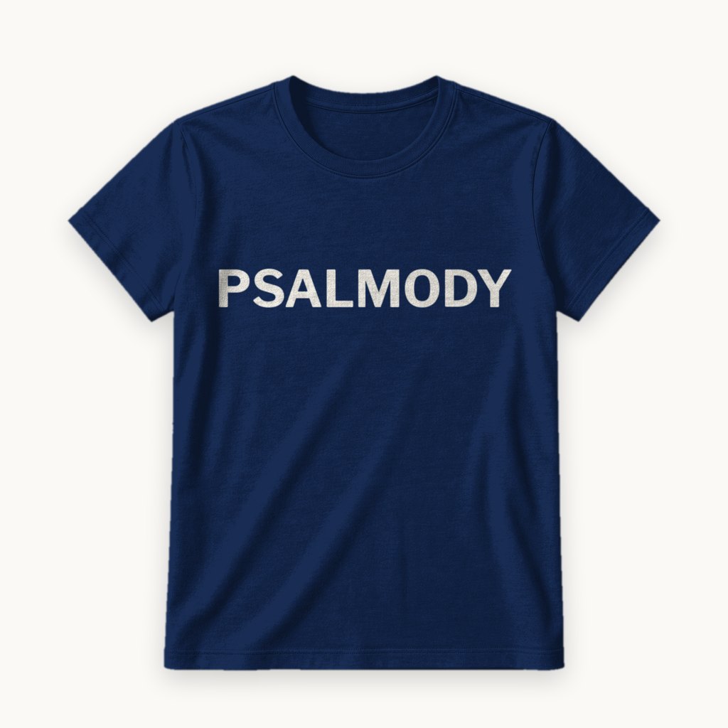 Psalmody printed on a Navy tee — product photography