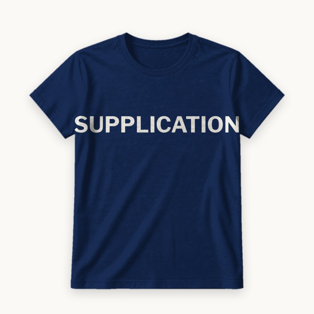 Supplication printed on a Navy tee — product photography