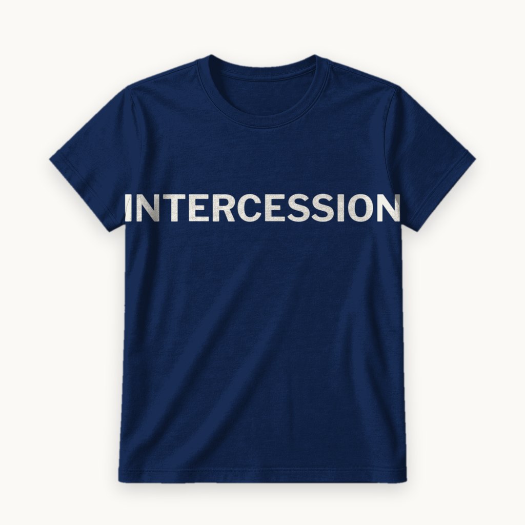 Intercession printed on a Navy tee — product photography