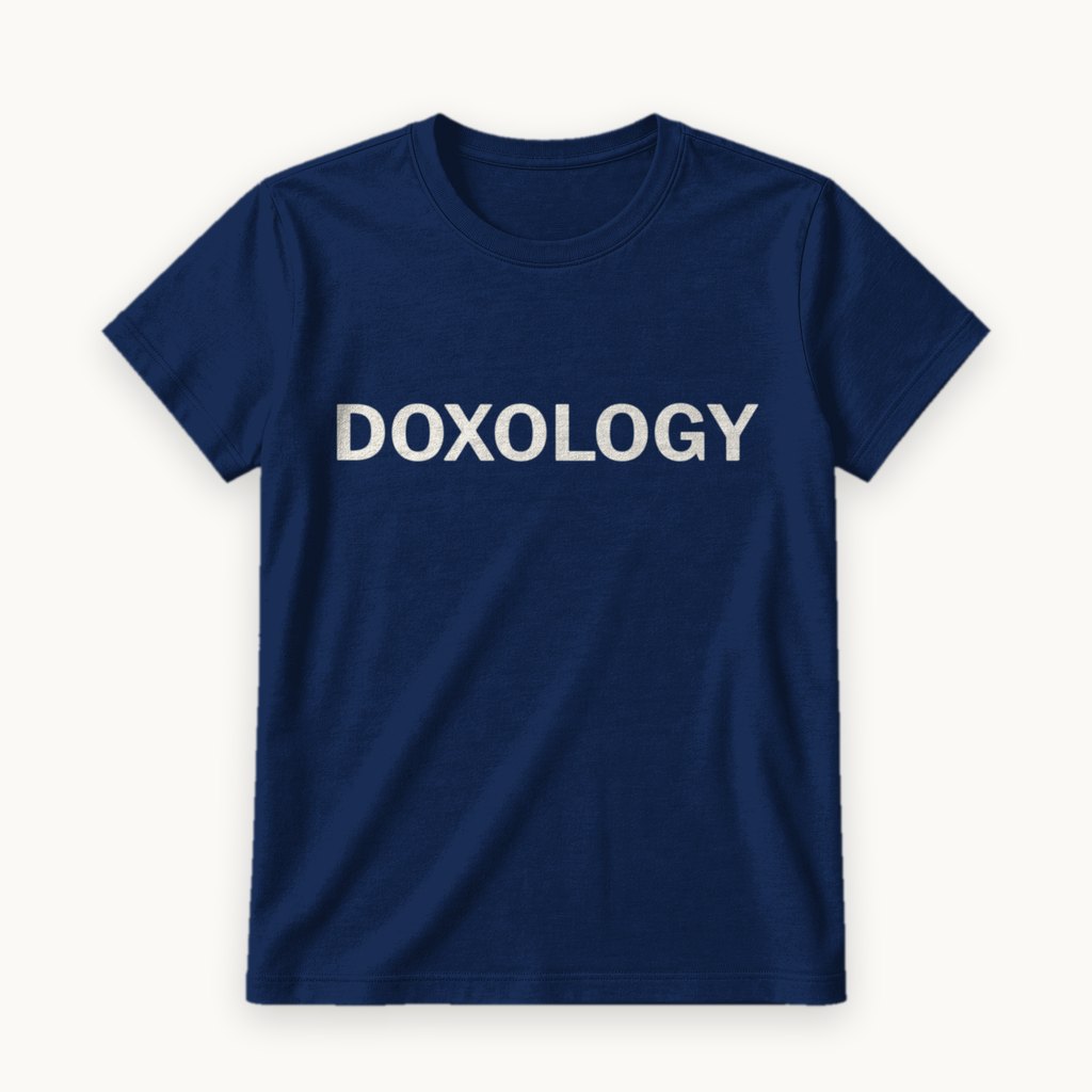 Doxology printed on a Navy tee — product photography