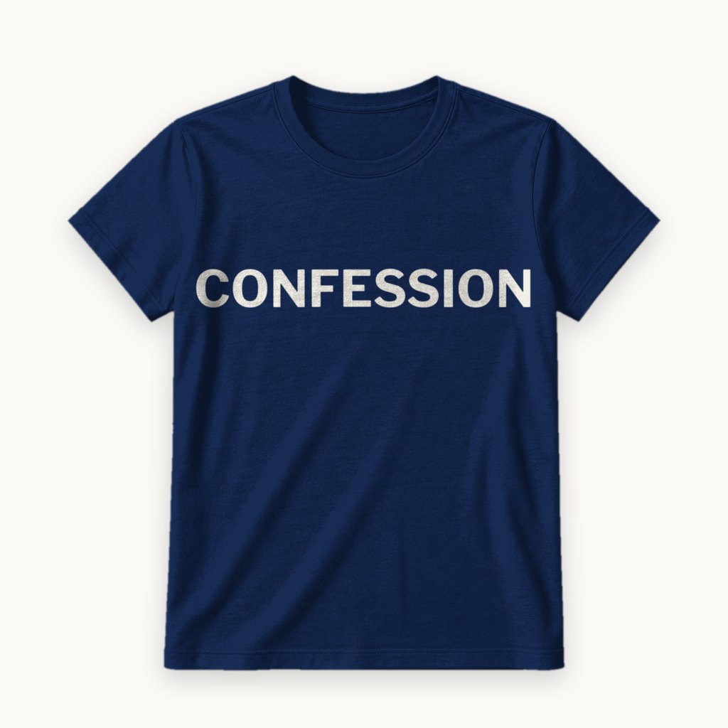 Confession printed on a Navy tee — product photography