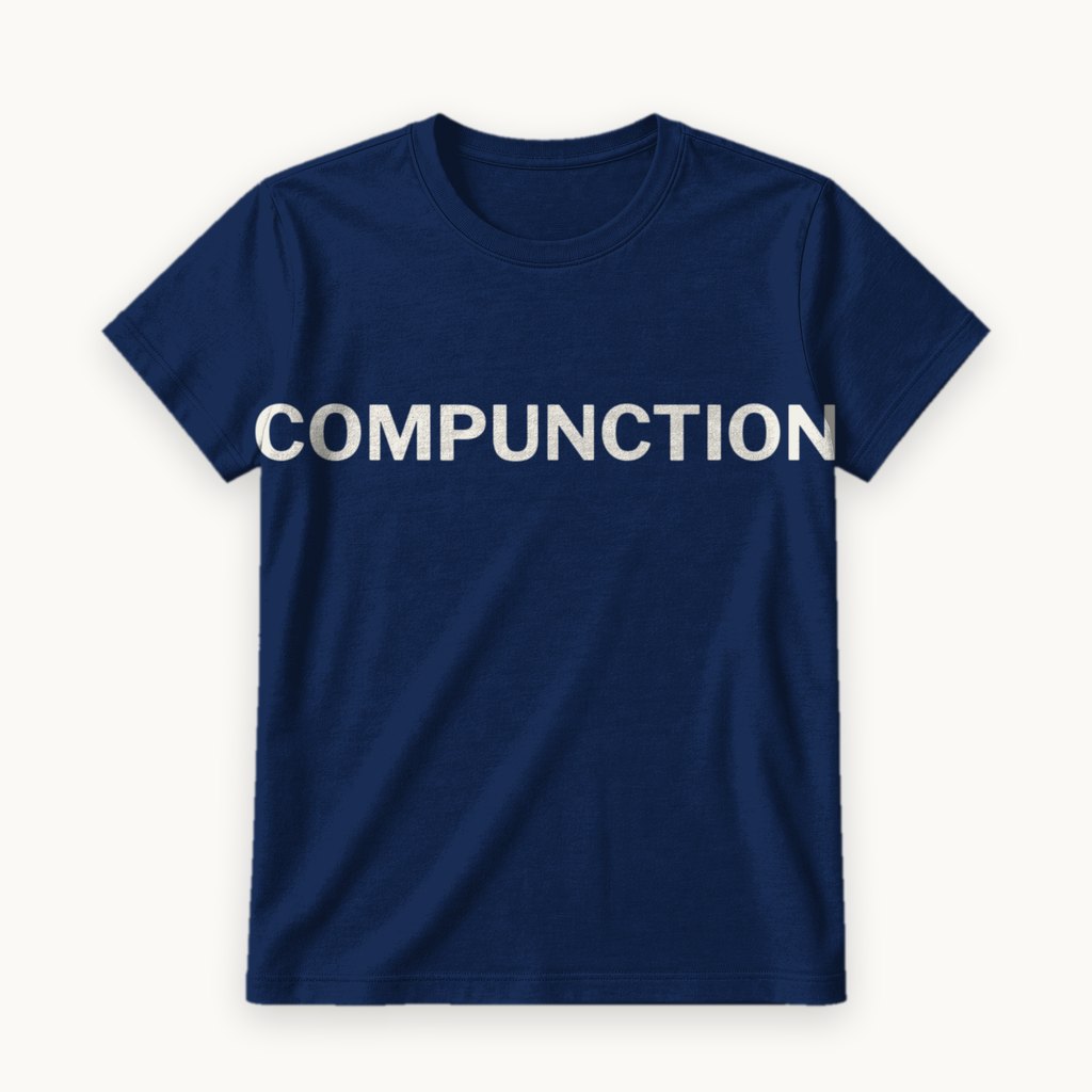 Compunction printed on a Navy tee — product photography