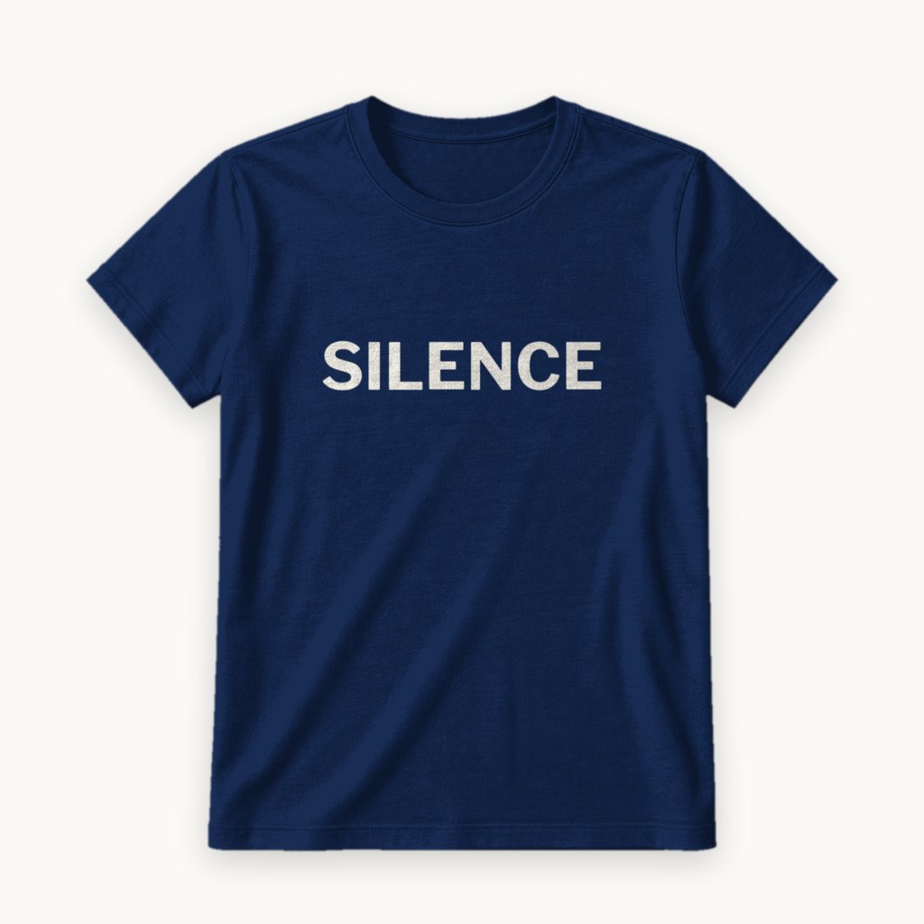 Silence printed on a Navy tee — product photography