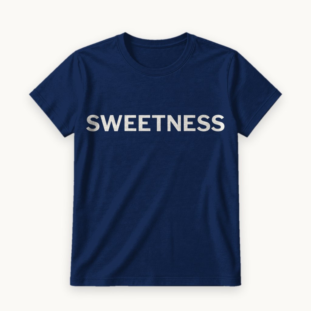 Sweetness printed on a Navy tee — product photography