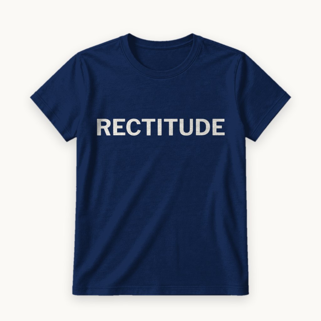 Rectitude printed on a Navy tee — product photography
