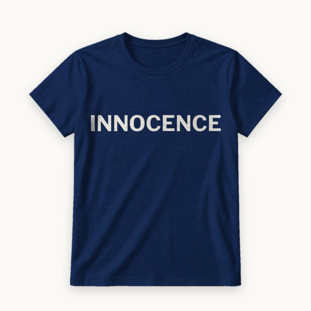 Innocence printed on a Navy tee — product photography