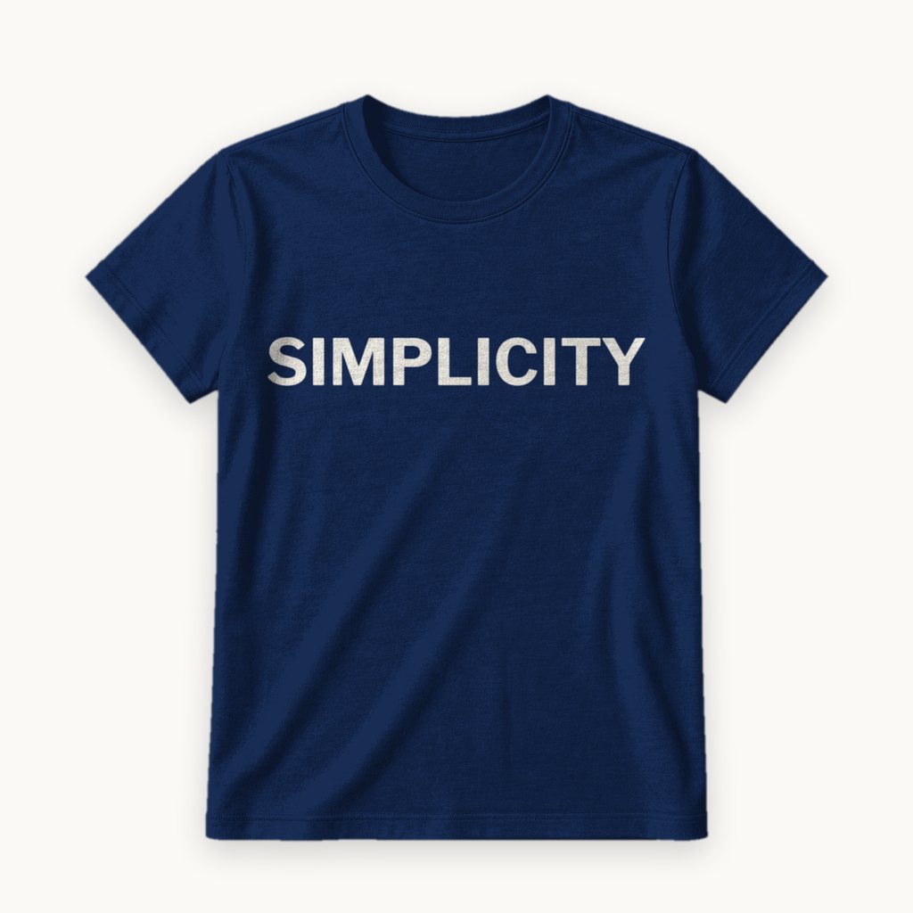 Simplicity printed on a Navy tee — product photography