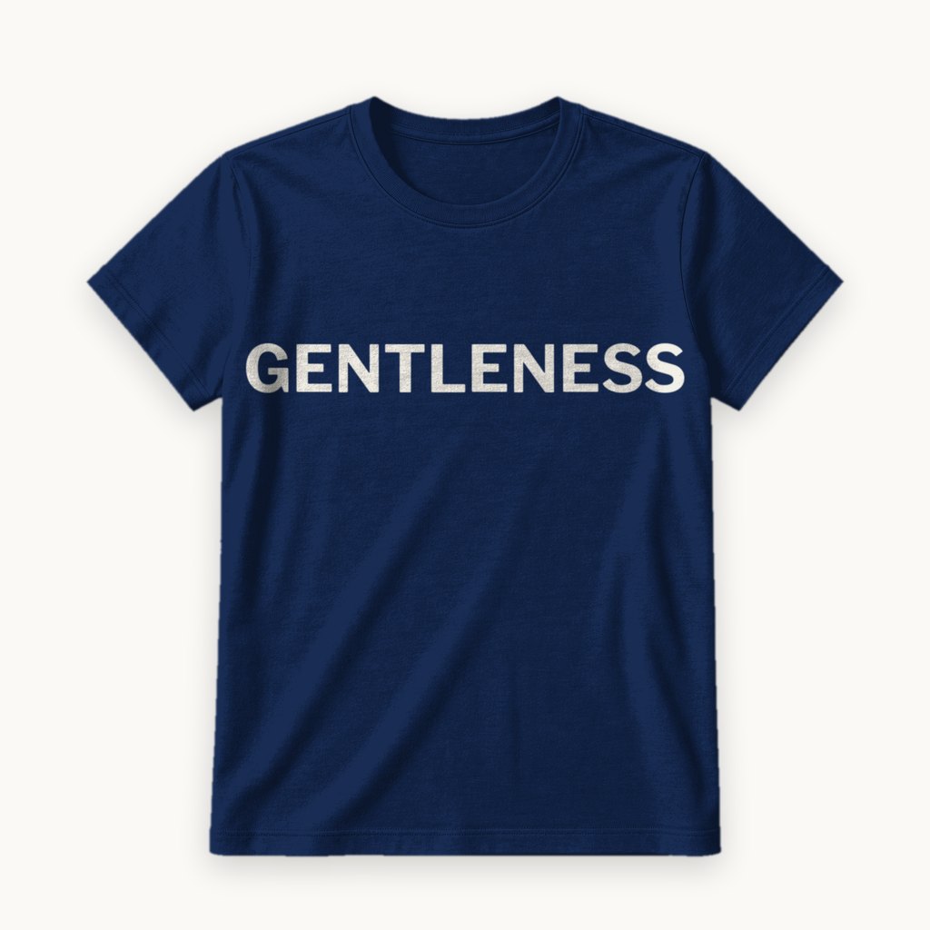 Gentleness printed on a Navy tee — product photography
