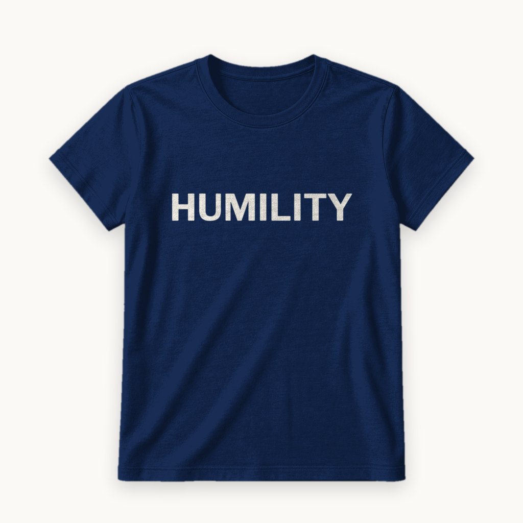 Humility printed on a Navy tee — product photography
