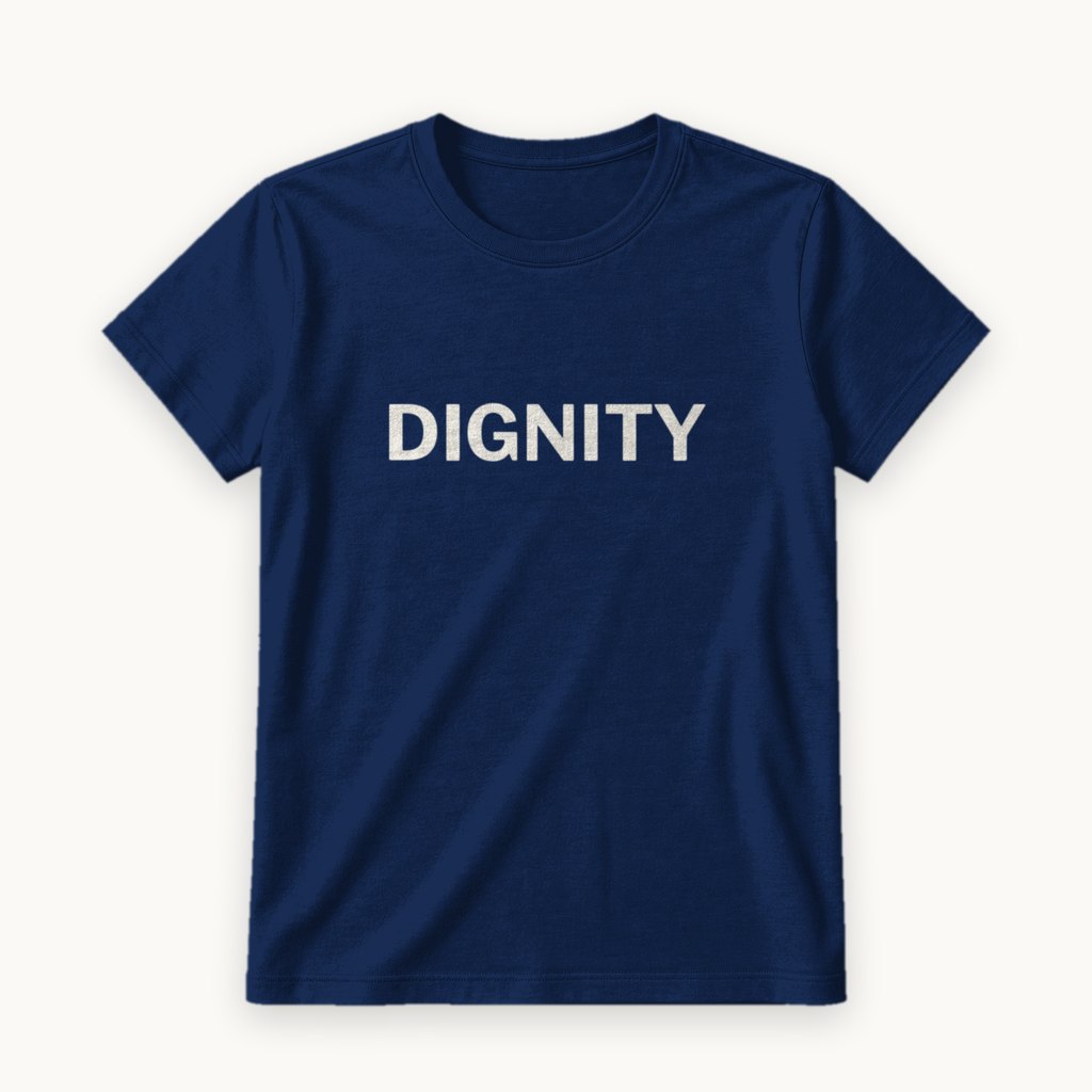 Dignity printed on a Navy tee — product photography