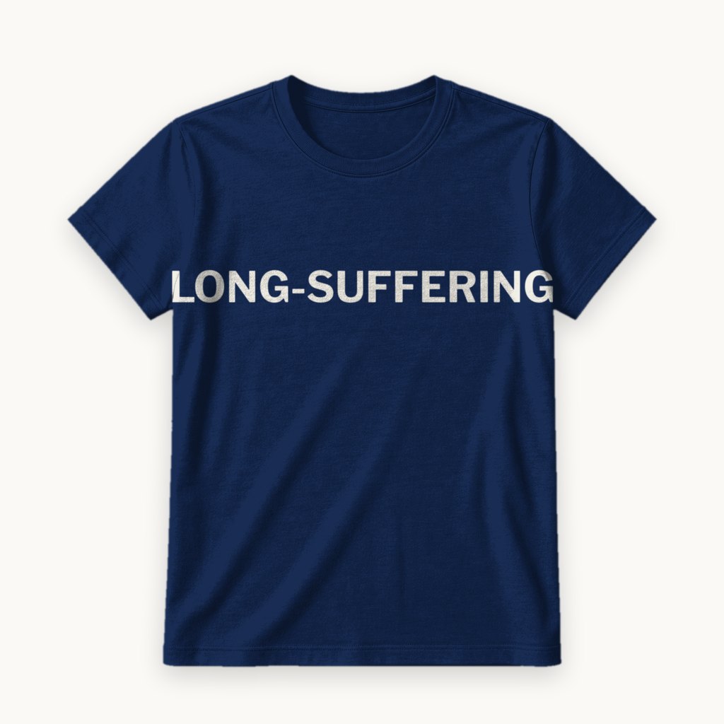 Long-Suffering printed on a Navy tee — product photography