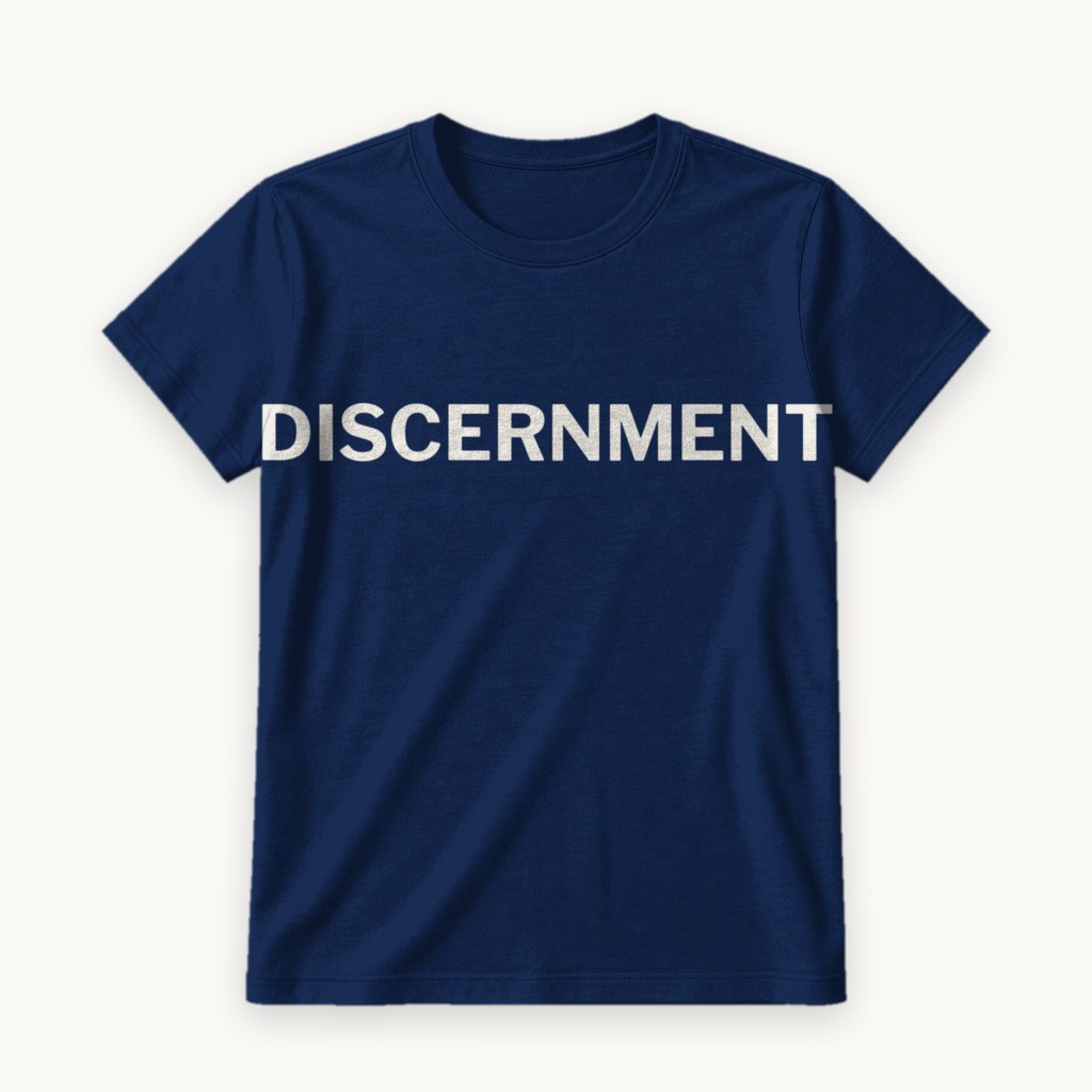 Discernment printed on a Navy tee — product photography