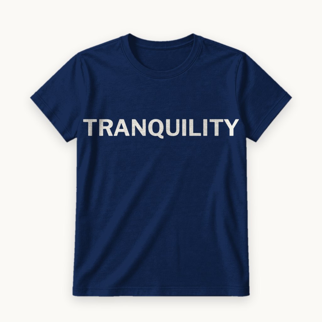 Tranquility printed on a Navy tee — product photography