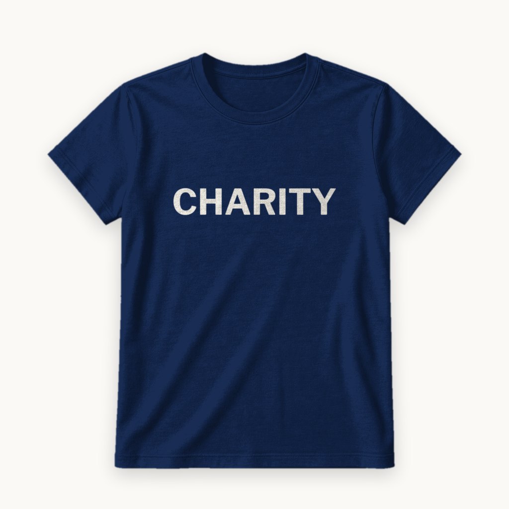 Charity printed on a Navy tee — product photography
