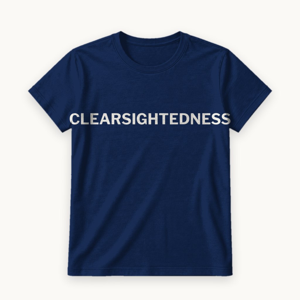Clearsightedness printed on a Navy tee — product photography