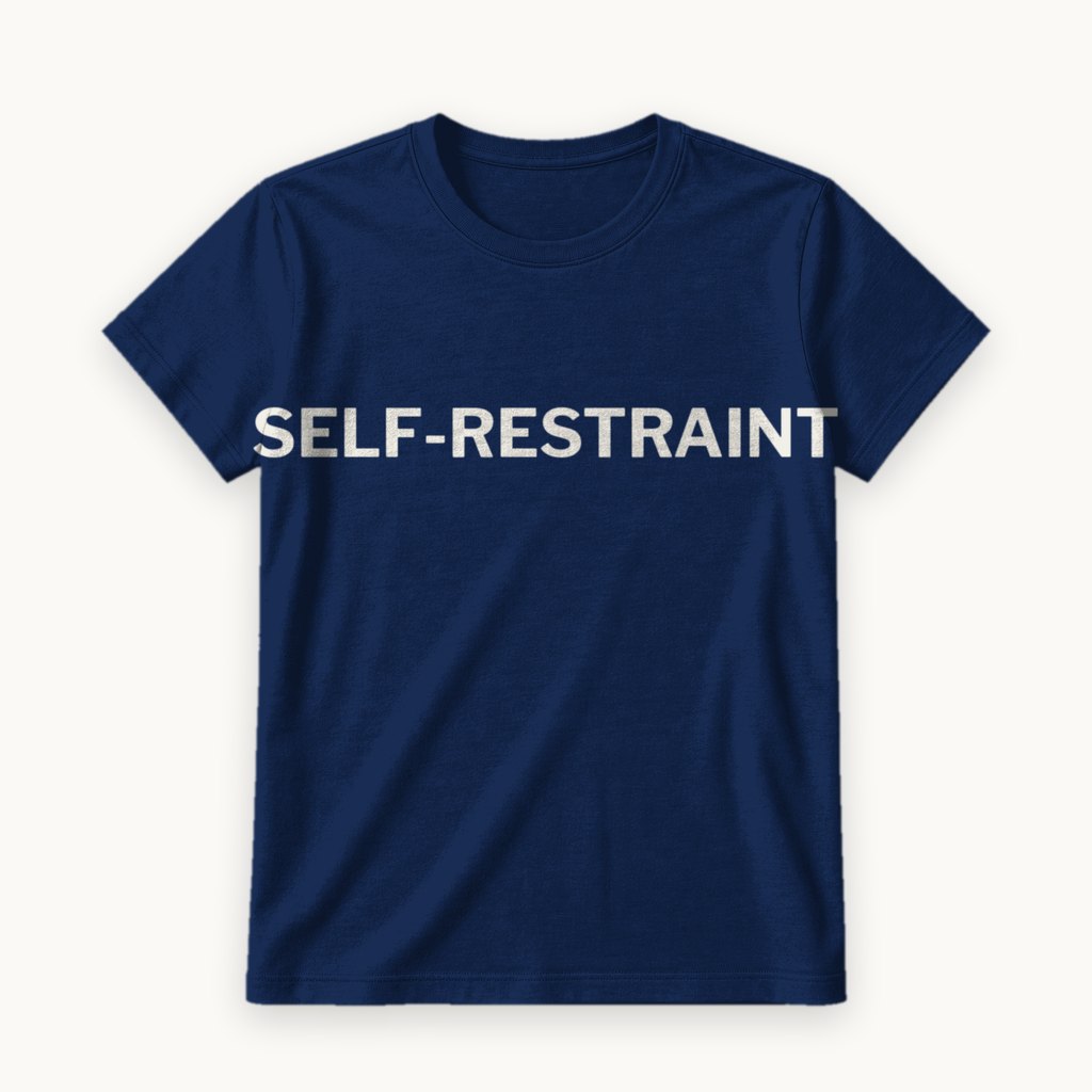 Self-Restraint printed on a Navy tee — product photography