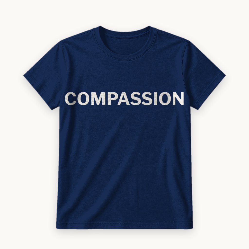 Compassion printed on a Navy tee — product photography