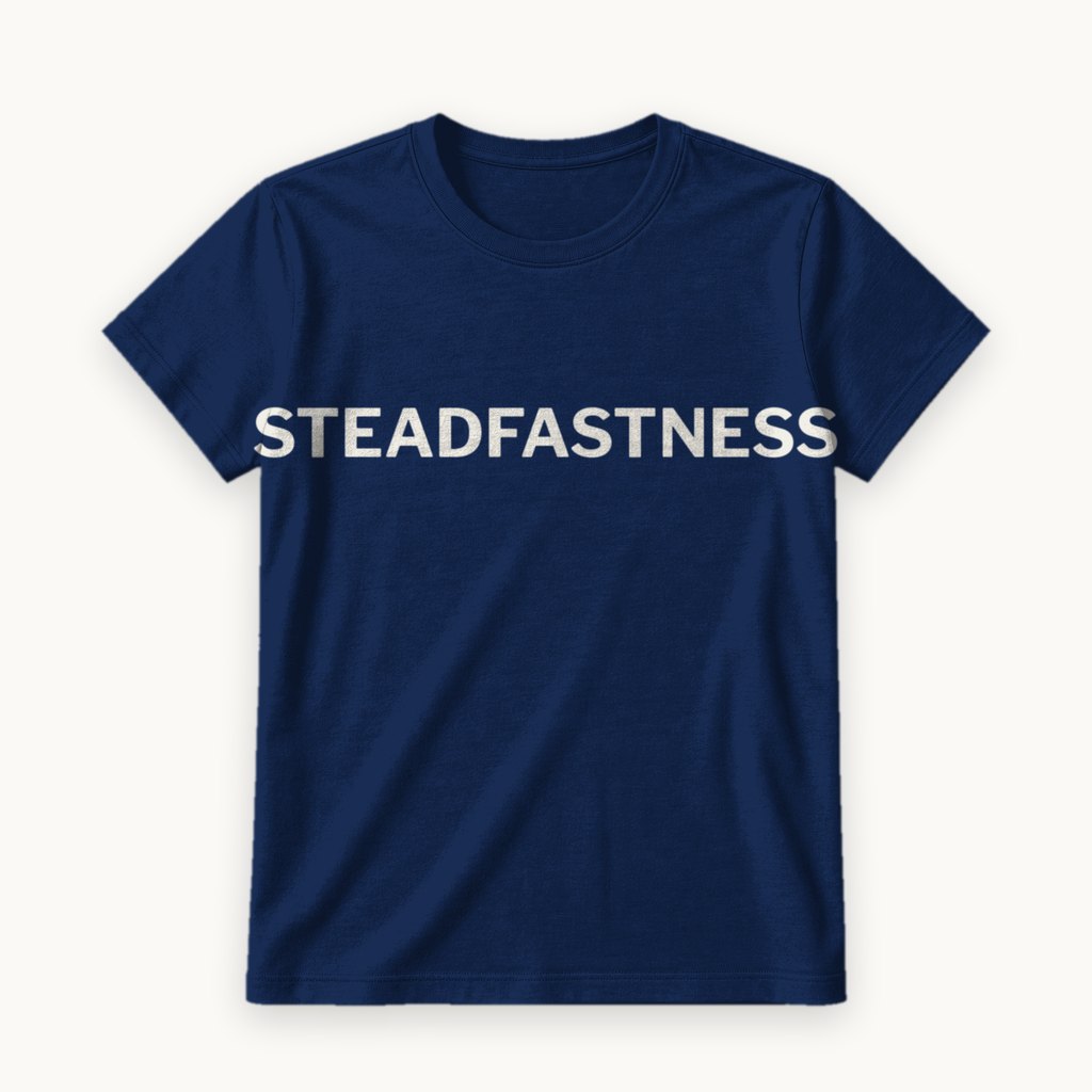 Steadfastness printed on a Navy tee — product photography