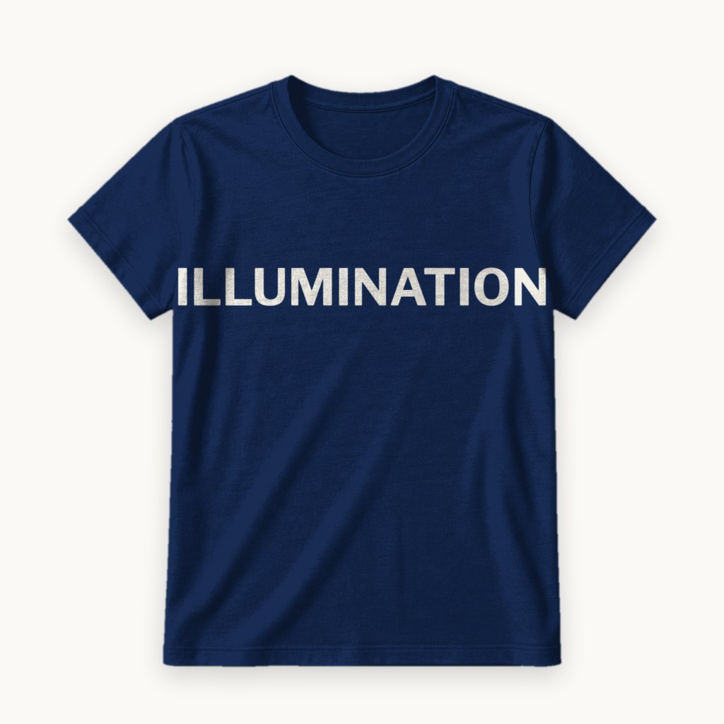 Illumination printed on a Navy tee — product photography
