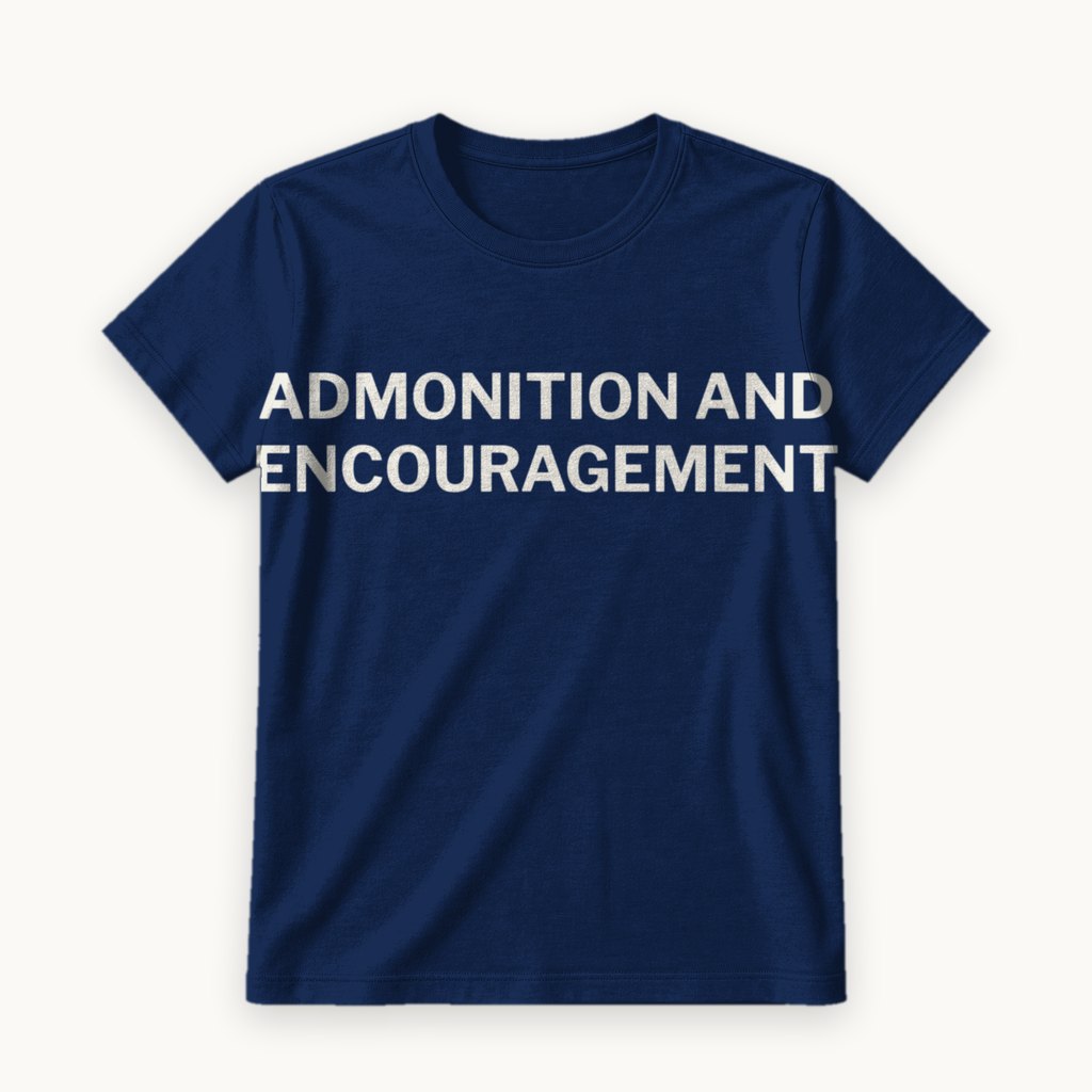 Admonition and Encouragement printed on a Navy tee — product photography