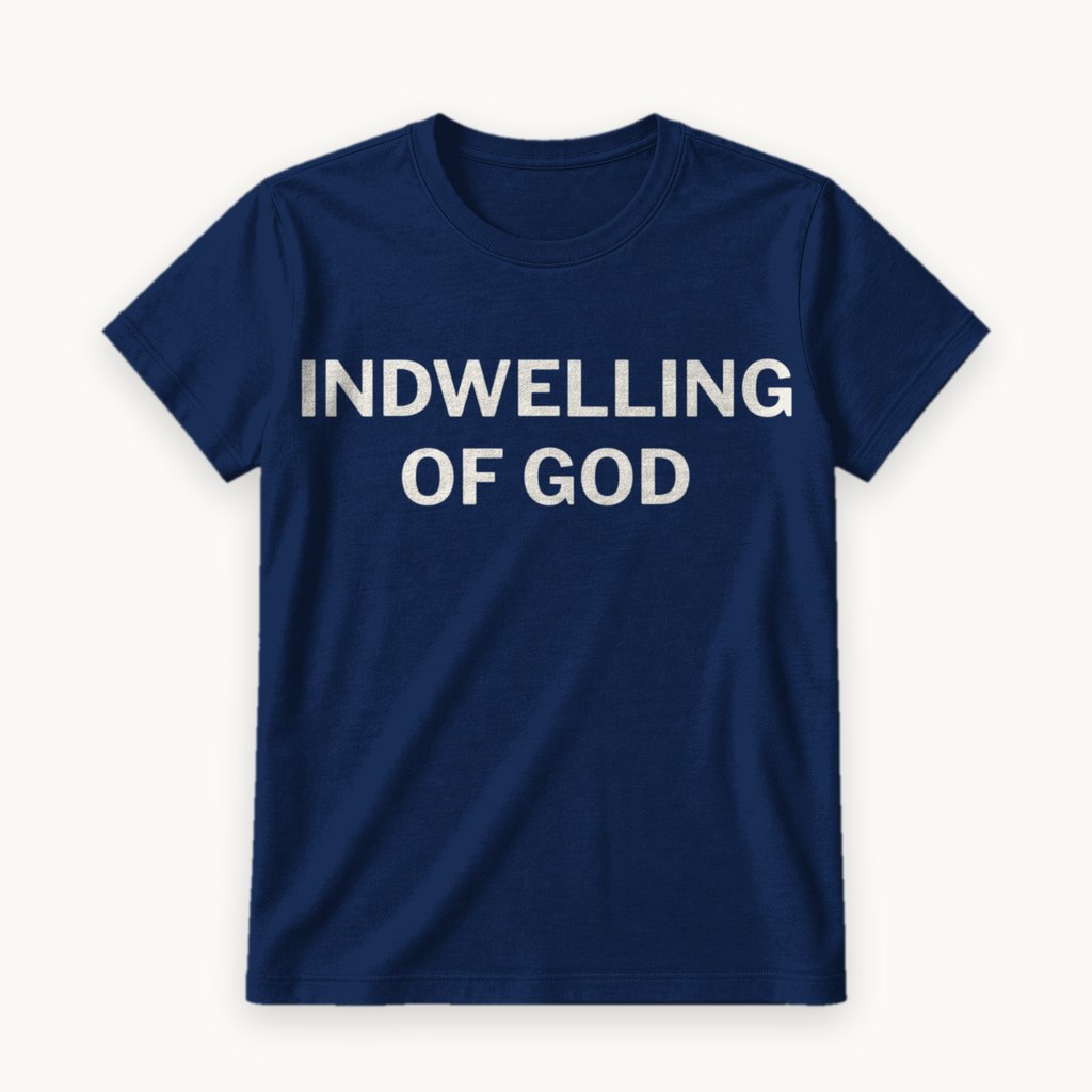 Indwelling of God printed on a Navy tee — product photography