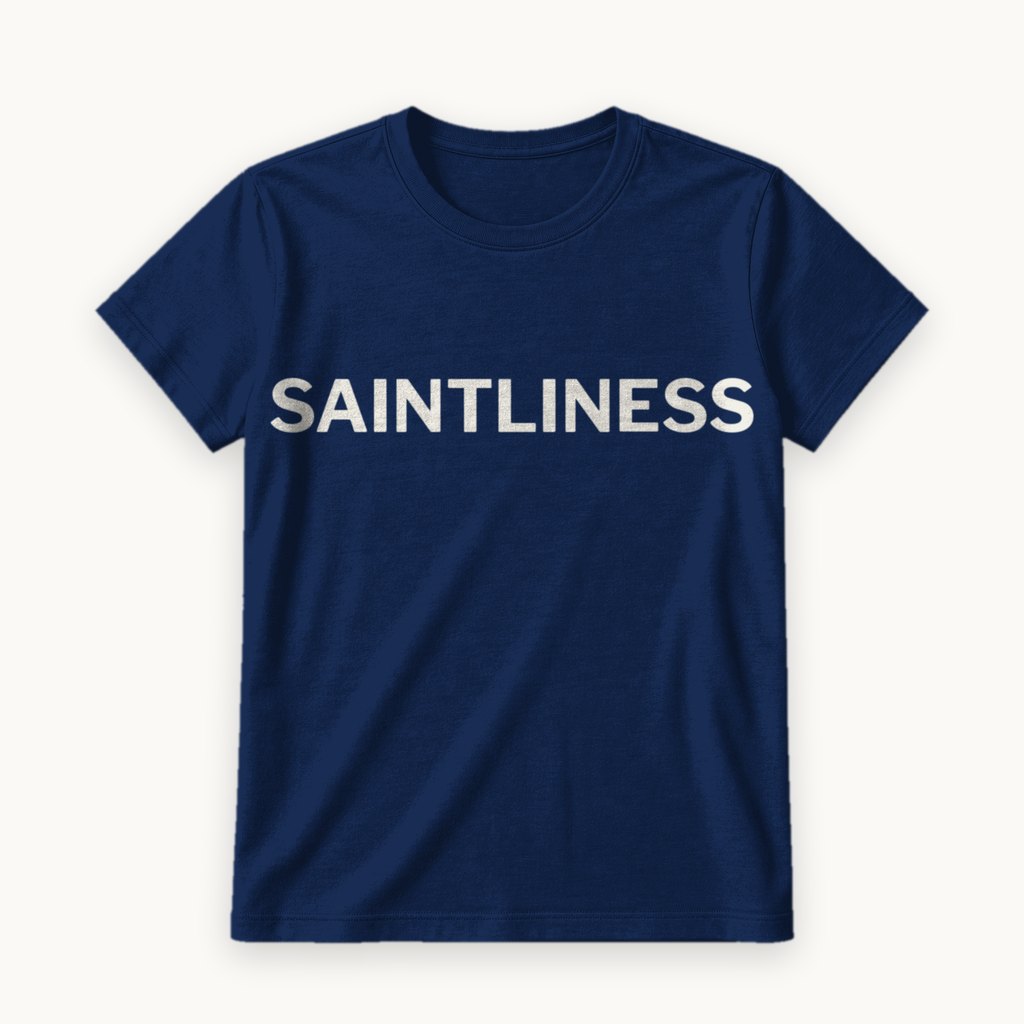 Saintliness printed on a Navy tee — product photography