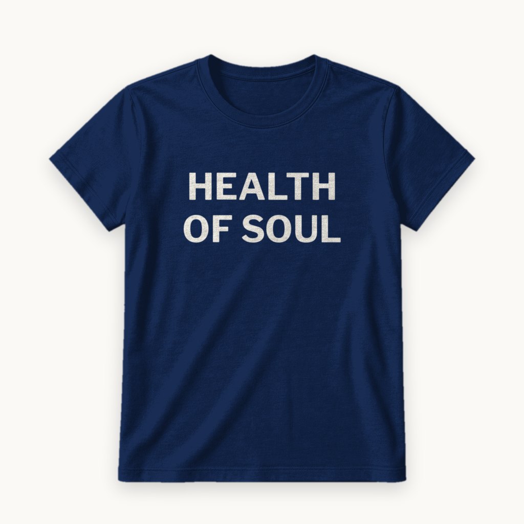 Health of Soul printed on a Navy tee — product photography