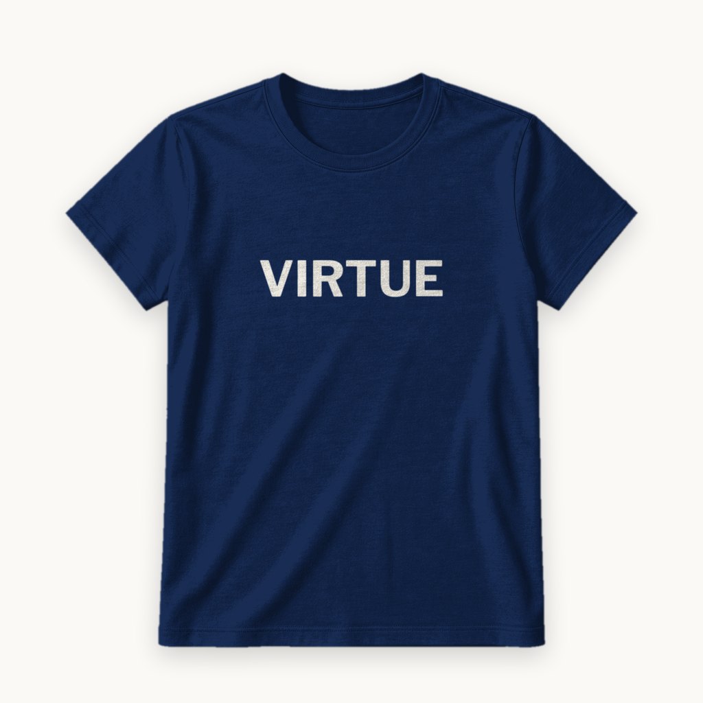 Virtue printed on a Navy tee — product photography
