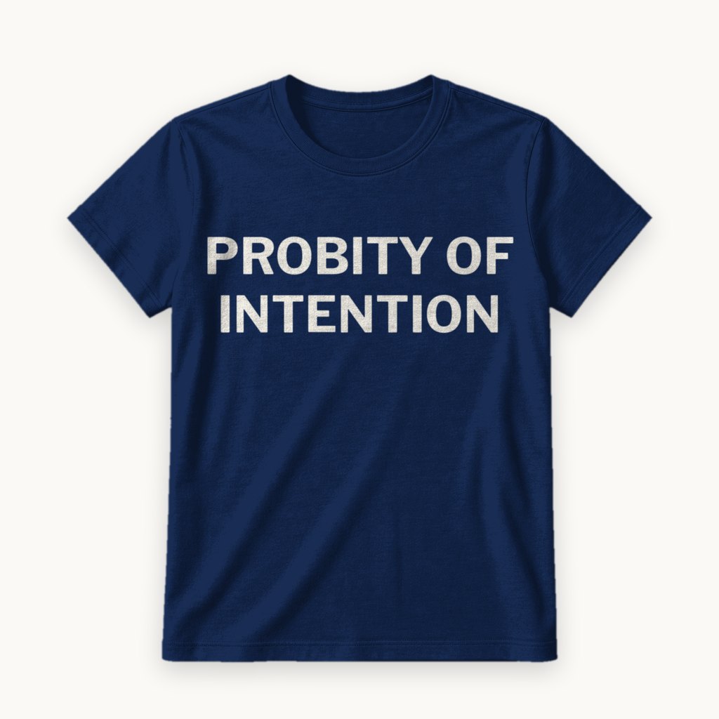 Probity of Intention printed on a Navy tee — product photography