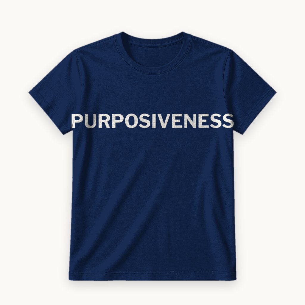 Purposiveness printed on a Navy tee — product photography