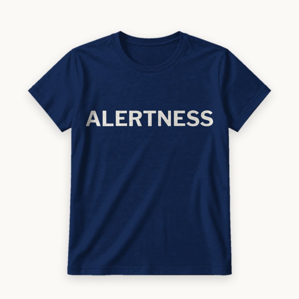 Alertness printed on a Navy tee — product photography