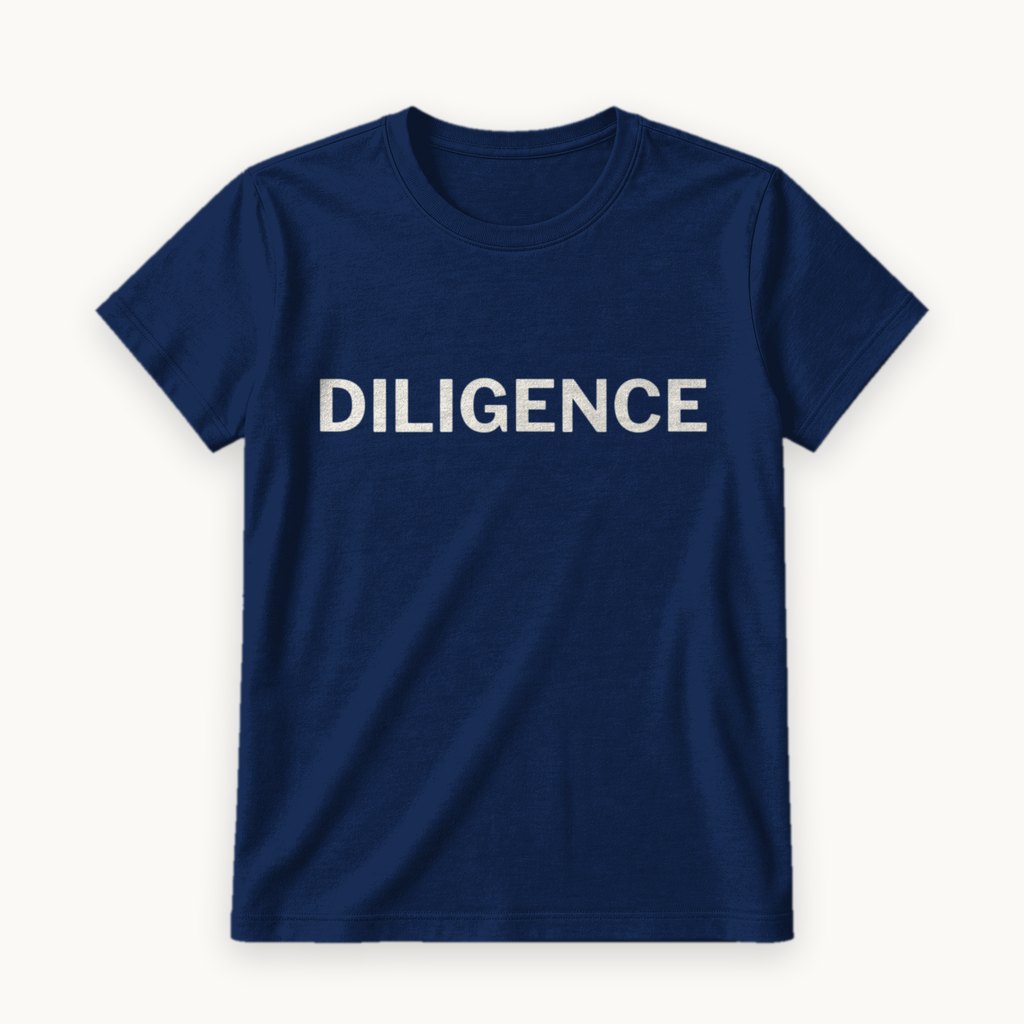 Diligence printed on a Navy tee — product photography