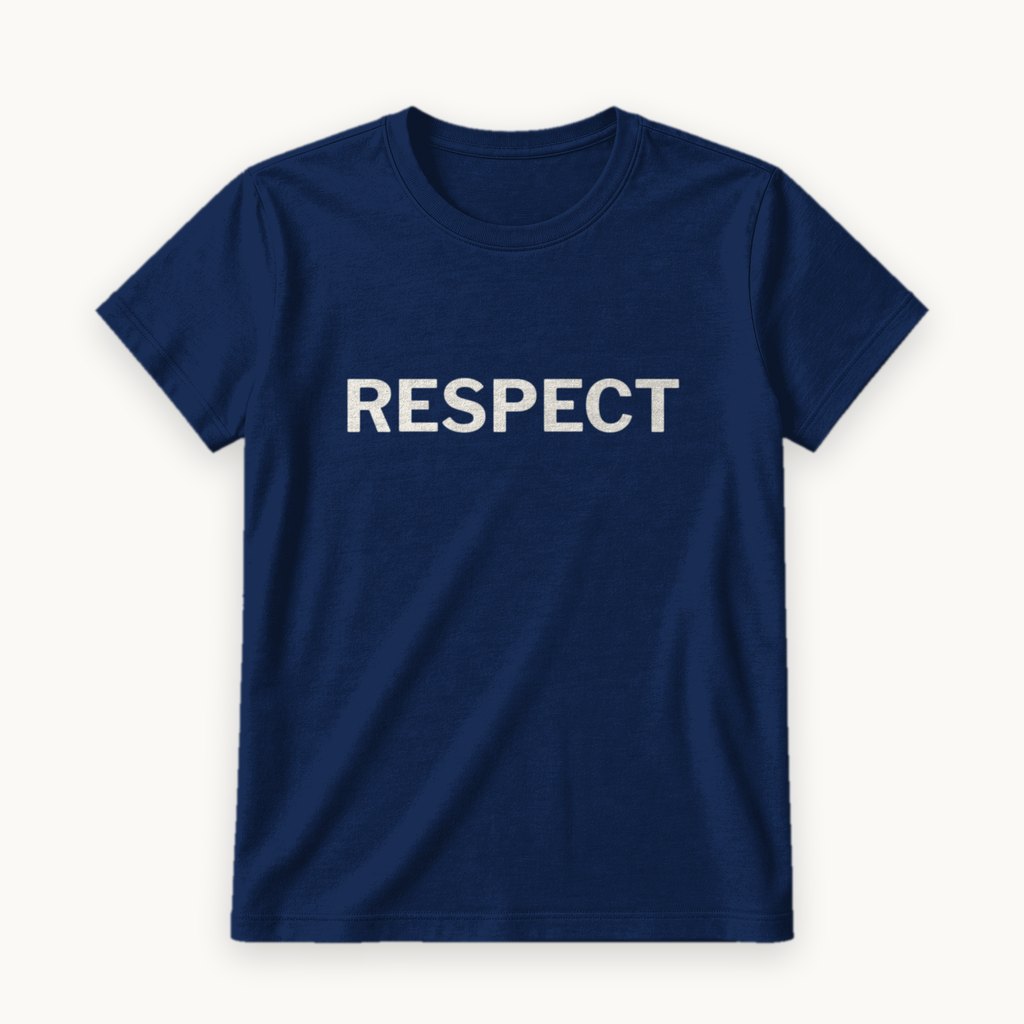 Respect printed on a Navy tee — product photography