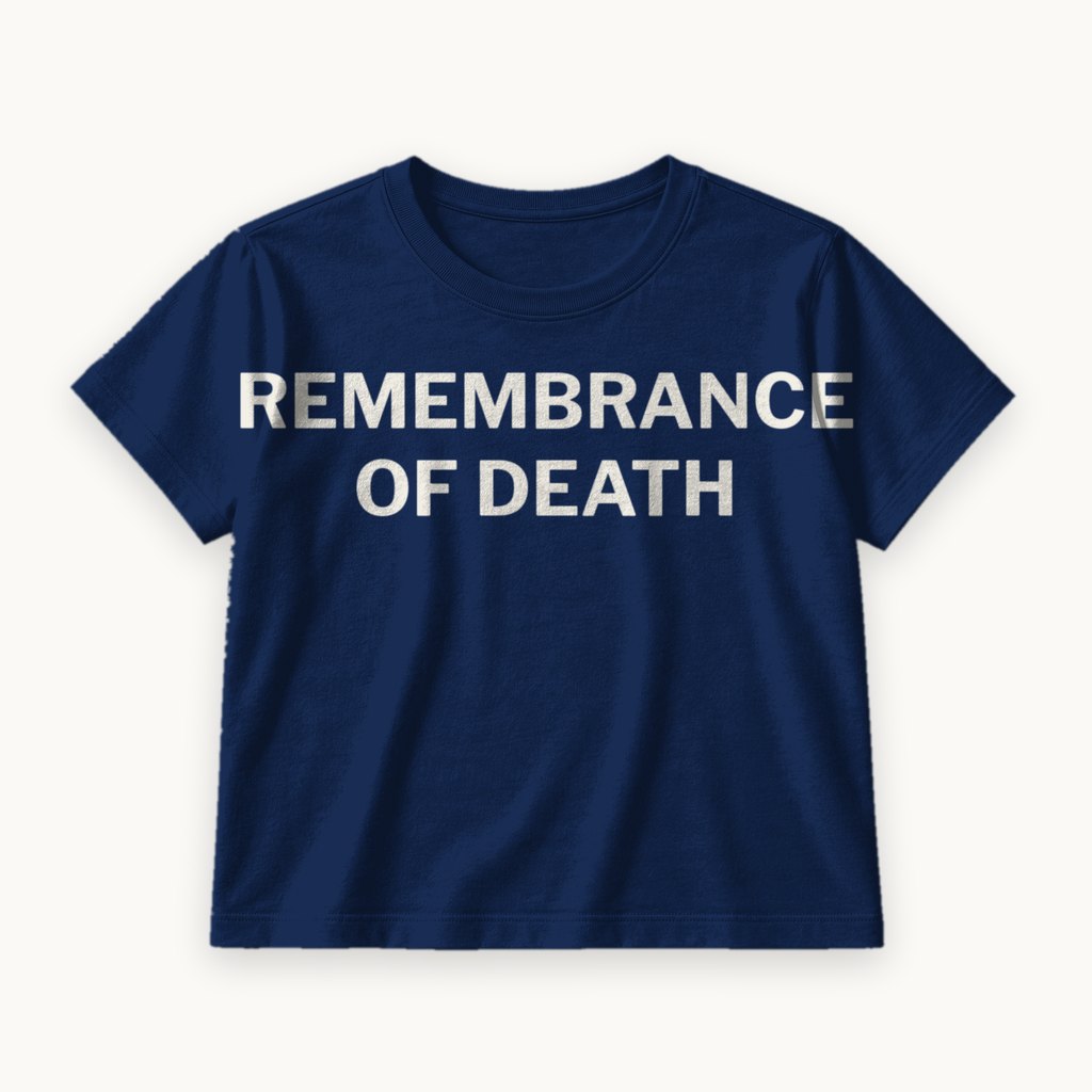 Remembrance of Death printed on a Navy tee — product photography