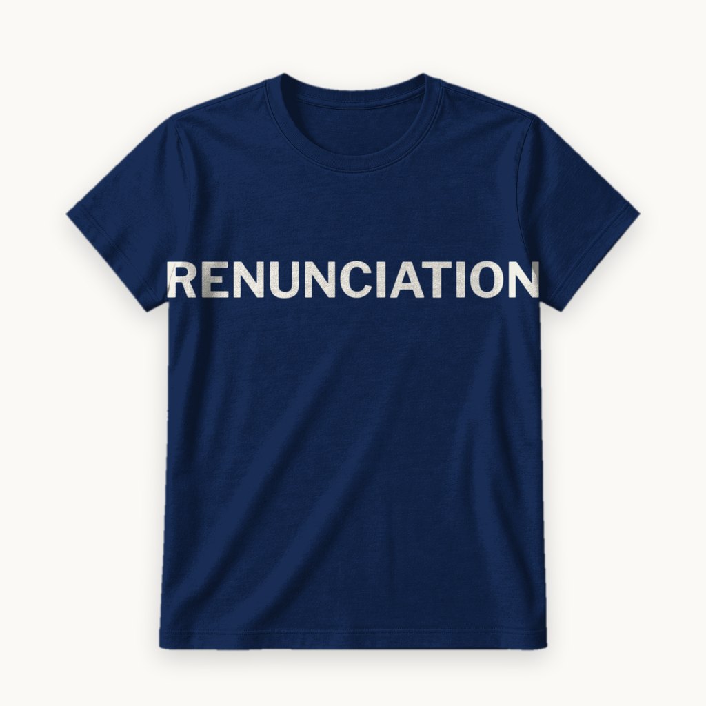Renunciation printed on a Navy tee — product photography