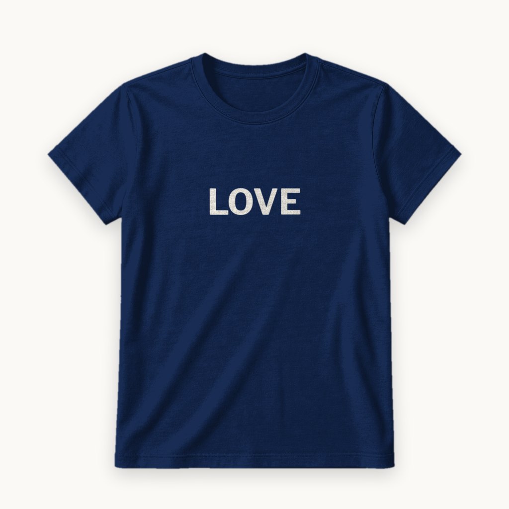 Love printed on a Navy tee — product photography