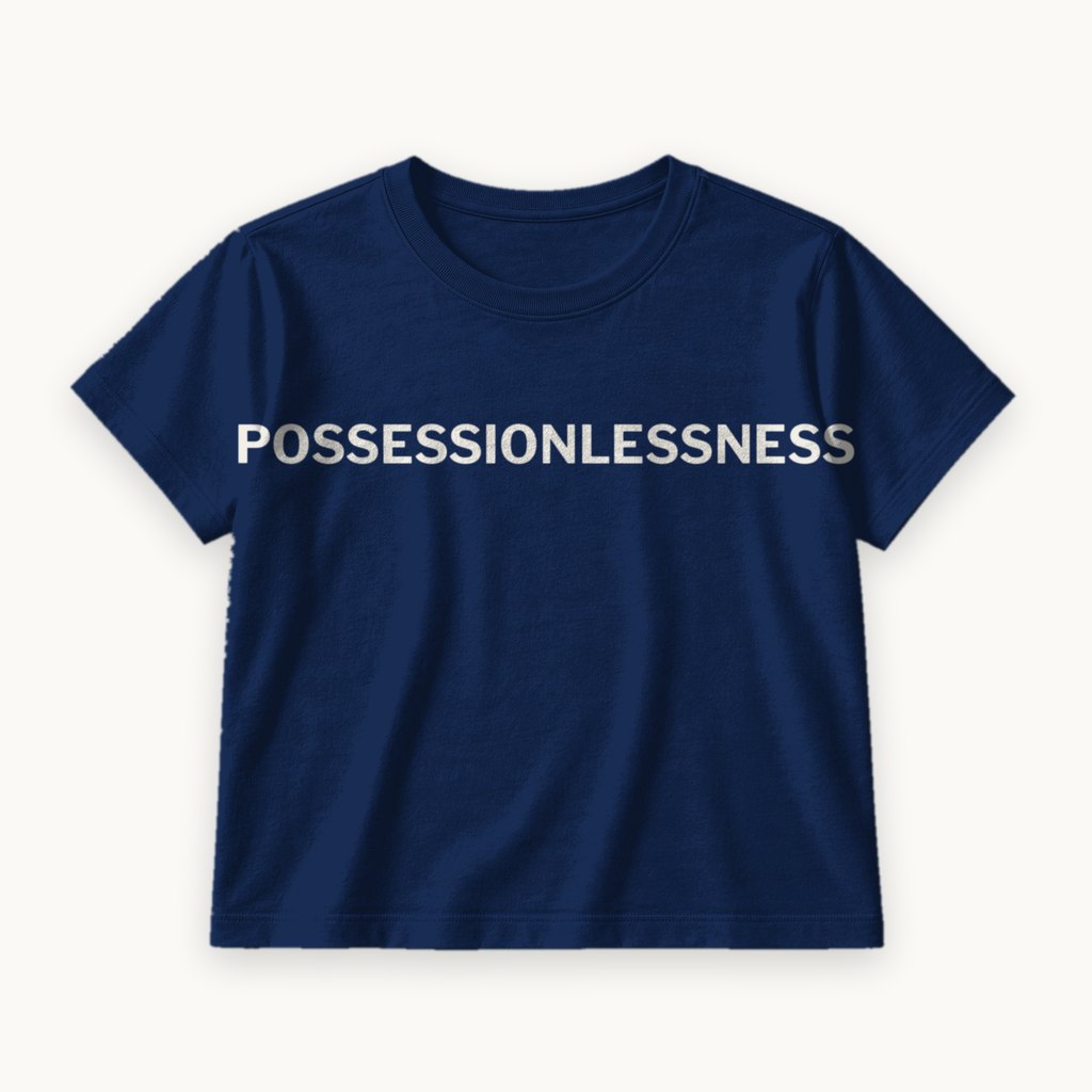 Possessionlessness printed on a Navy tee — product photography