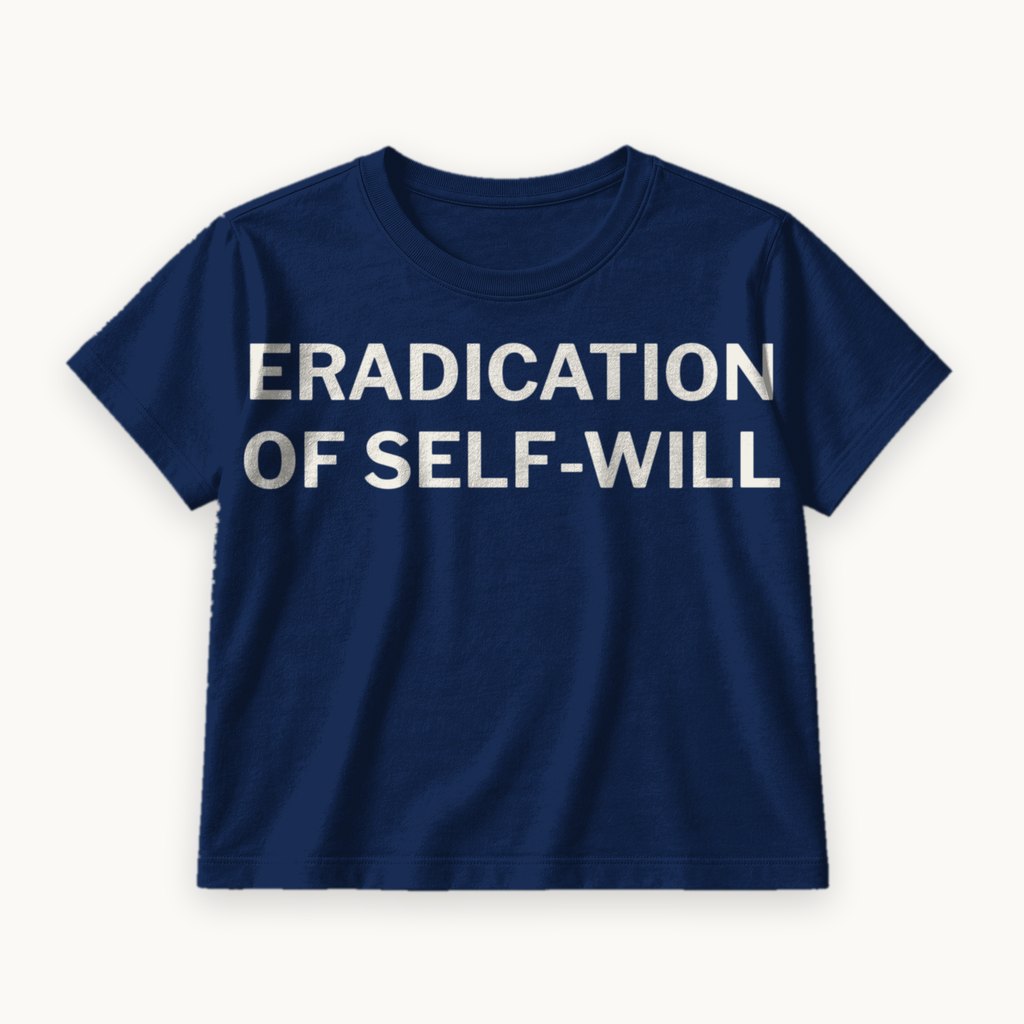 Eradication of Self-Will printed on a Navy tee — product photography