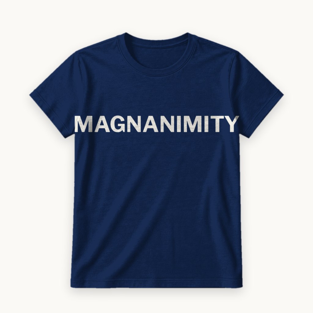 Magnanimity printed on a Navy tee — product photography