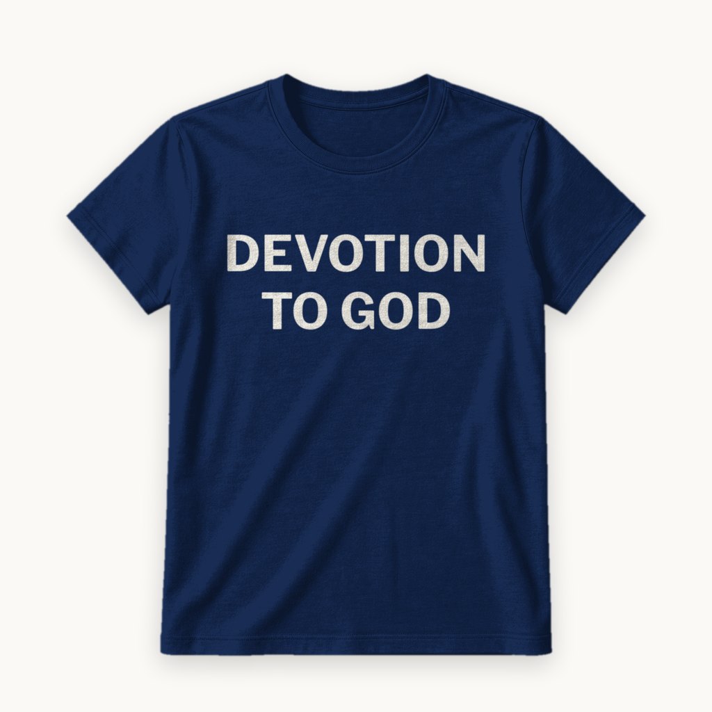 Devotion to God printed on a Navy tee — product photography